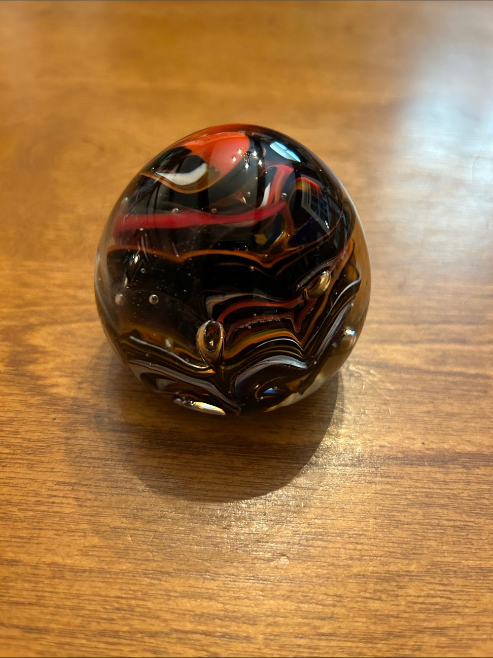 Vintage Black and Red Swirl Handblown Glass Sphere Paper Weight